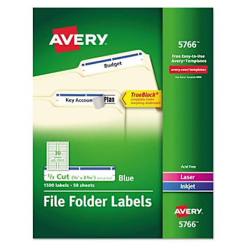 Avery Permanent Trueblock Folder Label-Sure Feed Tech Blue/White Package Of 50