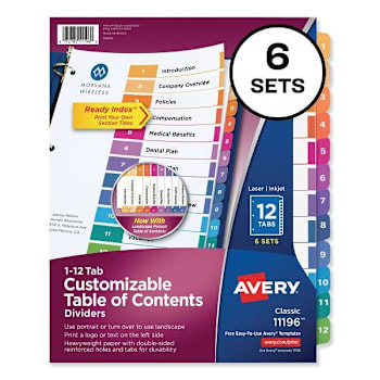 Image for Avery Index Multicolor Tab Dividers 12-Tab 11x8.5 White Color Tabs Package Of 6 from HD Supply