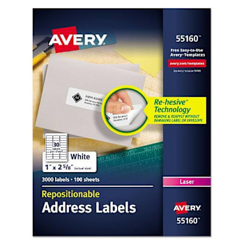 Avery Repositionable Address Labels W/Surefeed Laser 1x2.63 White Package Of 100