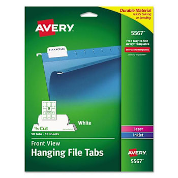Avery Laser Printable Hanging File Tabs 1/5-Cut White 2.06" Wide Package Of 90