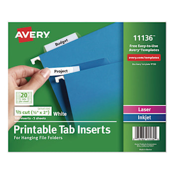 Image for Avery Tabs Inserts For Hanging File Folders 1/5-Cut White 2" Wide Package Of 100 from HD Supply