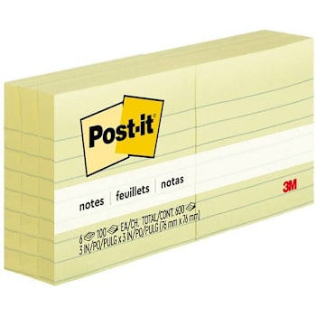 Image for Post-It Lined Notes 3"X3" Canary Yellow Package Of 6 from HD Supply