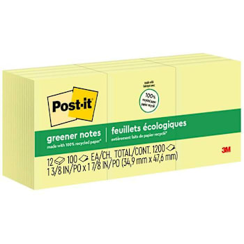 Image for Post-It Greener Notes 1.5"X2" Recycled Canary Yellow Package Of 12 from HD Supply