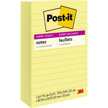 Post-It Super Sticky Lined Notes 4"X6" Canary Yellow Package Of 5