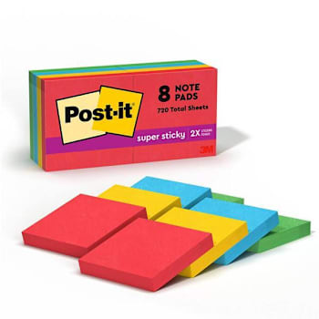 Post-It Super Sticky Notes Playful Primaries Color Collection 3"X3" Package Of 8