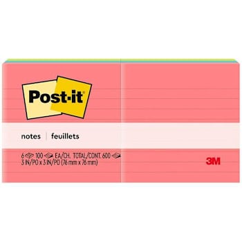 Post-It Lined Notes Poptimistic Color Collection 3"X3" Package Of 6