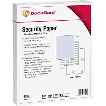 Docugard Standard Medical Security Paper 8.5"X11" 24 Lb Blue Package Of 500