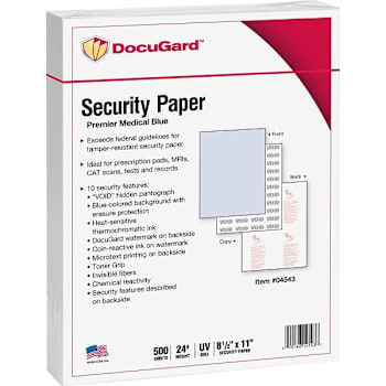 Docugard Premier Medical Security Paper 8.5"X11" 24 Lb Blue Package Of 500