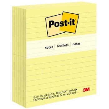 Image for Post-It Original Lined Notes 3"X5" Canary Yellow Package Of 12 from HD Supply