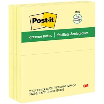 Image for Post-It Greener Notes 3"X3" Canary Yellow Package Of 12 from HD Supply
