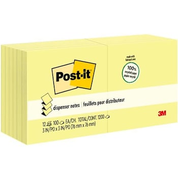 Post-It Greener Dispenser Notes 3"X3" Recycled Canary Yellow Package Of 12
