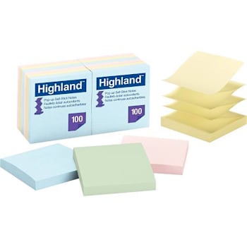 Highland Self-Sticking Pop-Up Notepads 3"X3" Pastel Colors Package Of 12