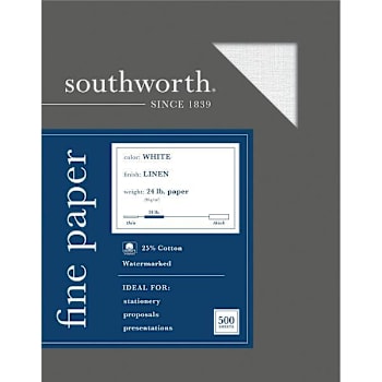 Southworth Fine Paper 8.5"X11" 24 Lb 25% Cotton Linen Finish Package Of 500
