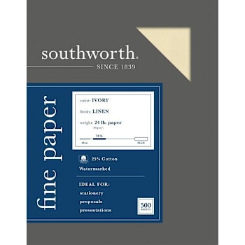 Image for Southworth Fine Paper 8.5x11" 24 Lb 25% Cotton Linen Finish Ivory Package Of 500 from HD Supply