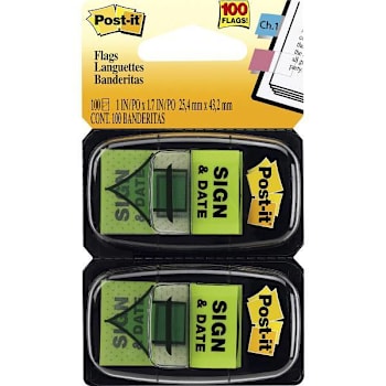 Post-It "Sign & Date" Flags 1" X 1.75" Bright Green Package Of 100