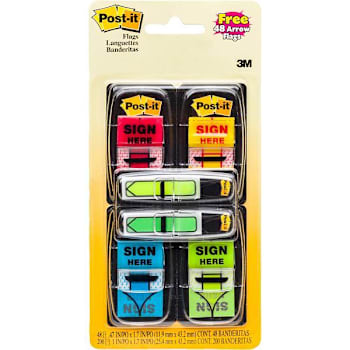 Post-It "Sign Here W/48 Bonus Arrow Flags 1" X 1.75" Asst Colors Package Of 200