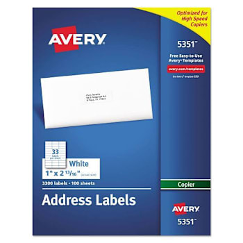 Avery Copier Mailing Labels Copiers 1x2.81 White Package Of 100