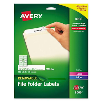 Avery Removable Folder Labels-Sure Feed Tech 0.66x3.44 White Package Of 25