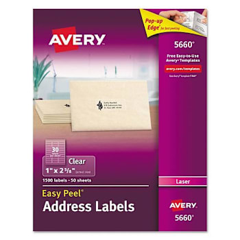 Avery Matte Clear Peel Mail Label-S Feed Tech Laser Printer 1x2.63 Package Of 50