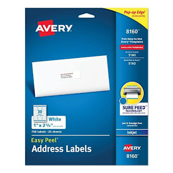 Avery Peel White Addres Label-Sure Feed Tech Inkjet Printer 1x2.63 Package Of 25