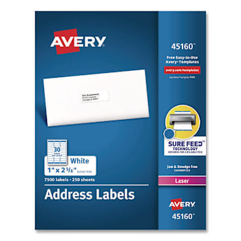 Avery White Address Labels-Sure Feed Tech Laser Printers 1x2.63 Package Of 250