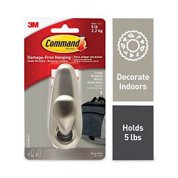 Command Adhesive Mount Metal Hook Large Brushed Nickel Finish