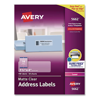 Avery Matte Clear Peel Mail Labl-Sure Feed Tech Lasr Printr 1.33x4 Package Of 50