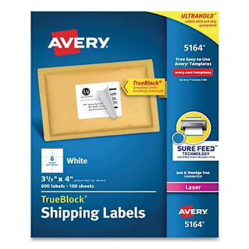 Avery Shipping Labels-Trueblock Tech Laser Printers 3.33x4 White Package Of 100