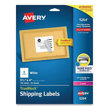 Avery Shipping Labels-Trueblock Tech Laser Printers 3.33x4 White Package Of 25