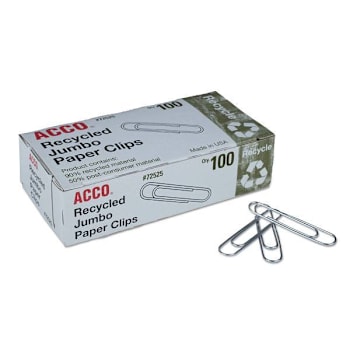 Acco Recycled Paper Clips Jumbo Smooth Silver 100 Clips Package Of 10