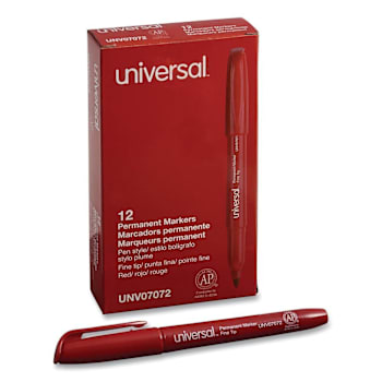 Universal Pen-Style Permanent Marker Fine Bullet Tip Red Dozen Package Of 12