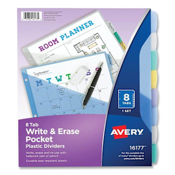 Avery Write/Erase Plastic Dividers-Slash Pocket 3-Hold Punched Asst Package Of 8
