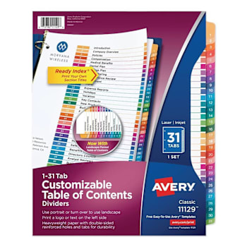 Image for Avery Customizable Ready Index Multicolor Tab Dividers 1-31 White Package Of 31 from HD Supply