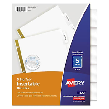 Avery Big Tab Dividers 5-Tab Double-Sided Gold Edge White Clear Tab Package Of 5