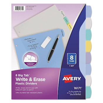 Avery Write/Erase Tab Durable Plastic Dividers 3-Hole Punched Asst Package Of 8