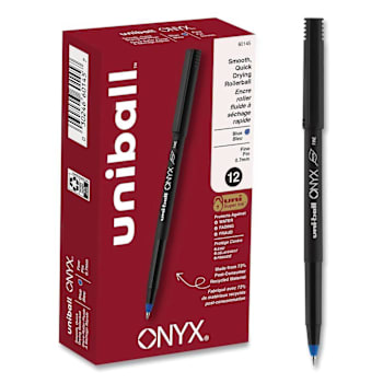 Image for Uni-Ball Onyx Rollerball Pen Fine 0.7 Mm Blue Ink Black/Blue Brl Package Of 12 from HD Supply