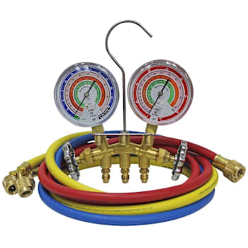Mastercool Brass 2-Way Manifold, 3 1/8" Gauges,3-60" Hoses R22, R410a, R404a