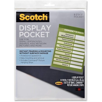 Scotch Clear Display Pocket With Picture Hanging Strips Hold 8.5" X 11"