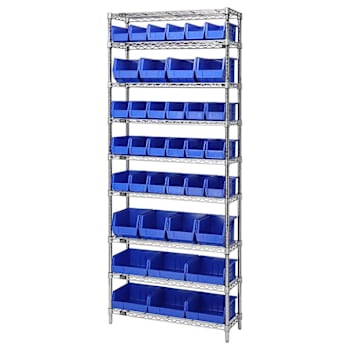 Quantum Storage Systems Wire Shelving Blue Bin 36 X 12 X 86 Grey Epoxy Finish