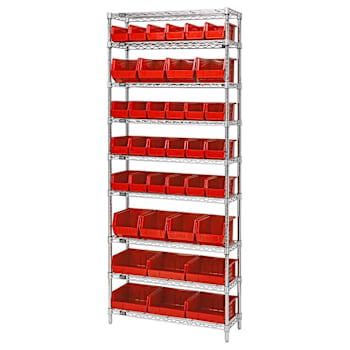 Quantum Storage Systems Wire Shelving Red Bin 36 X 12 X 86 Grey Epoxy Finish