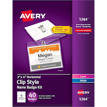 Avery Inkjet/Laser Clip Style Name Badge Kit 3" X 4" Package Of 40