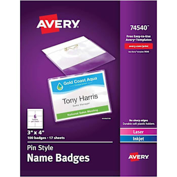 Avery Inkjet/Laser Pin Style Name Badge 3" X 4" White Package Of 100