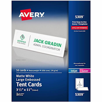 Avery Inkjet/Laser Tent Card 3.5" X 11" Heavyweight Matte White Package Of 50