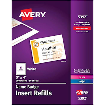 Avery Inkjet/Laser Name Badge Insert Refill White Package Of 300