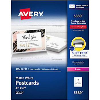 Avery Laser Postcard 4" X 6" Heavyweight Matte White Package Of 100