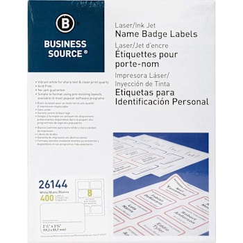 Business Source Laser/Inkjet Name Badge Labels 2.33" X3.38" White Package Of 400