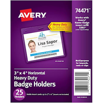 Avery Heavy-Duty Badge Holders Support 3" X 4" Clear Package Of 25