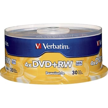 Verbatim Dvd+rw Rewritable Disc On Spindle 4.70 Gb Package Of 30