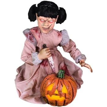 Haunted Hill Farm 38" Lunging Pumpkin Carver Zombie Girl With Jack O'Lantern