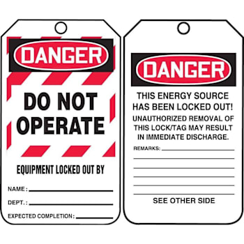Accuform Lockout Tag Danger Do Not Operate Equipment Package Of 25